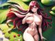 Anime girl with long red hair posing naked in front of a green background.