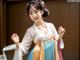 A woman in a blue and yellow hanbok posing for a picture.